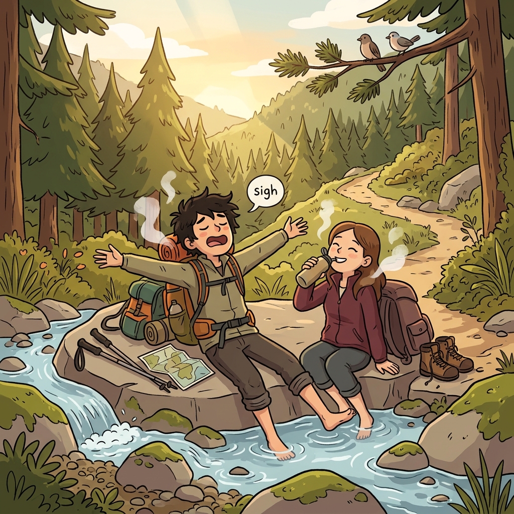 After hours of hiking, they found a brief respite by the mountain stream.
