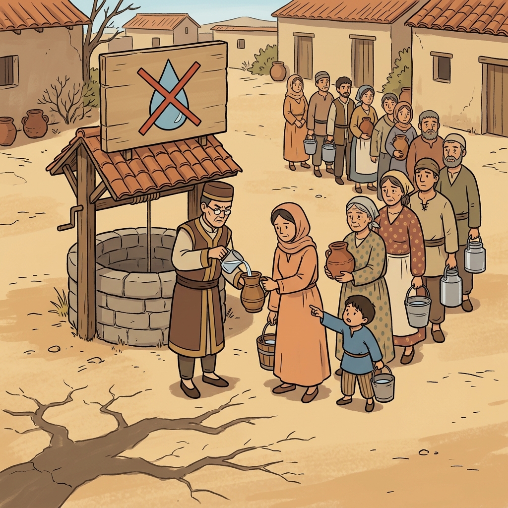 A strict restriction on water use forces villagers to line up at the well.