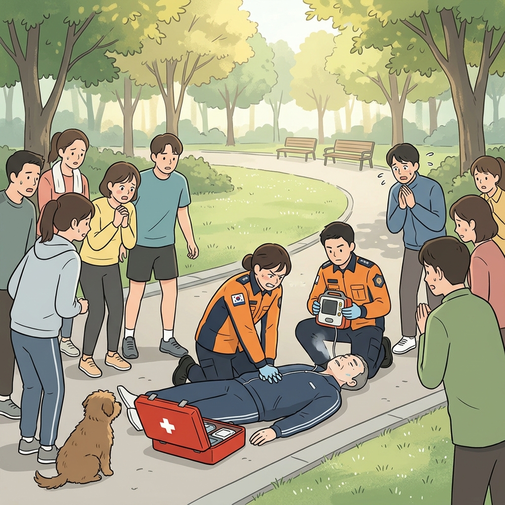 쓰러진 조깅하던 사람을 응급대원들이 심폐소생으로 살려낸다.