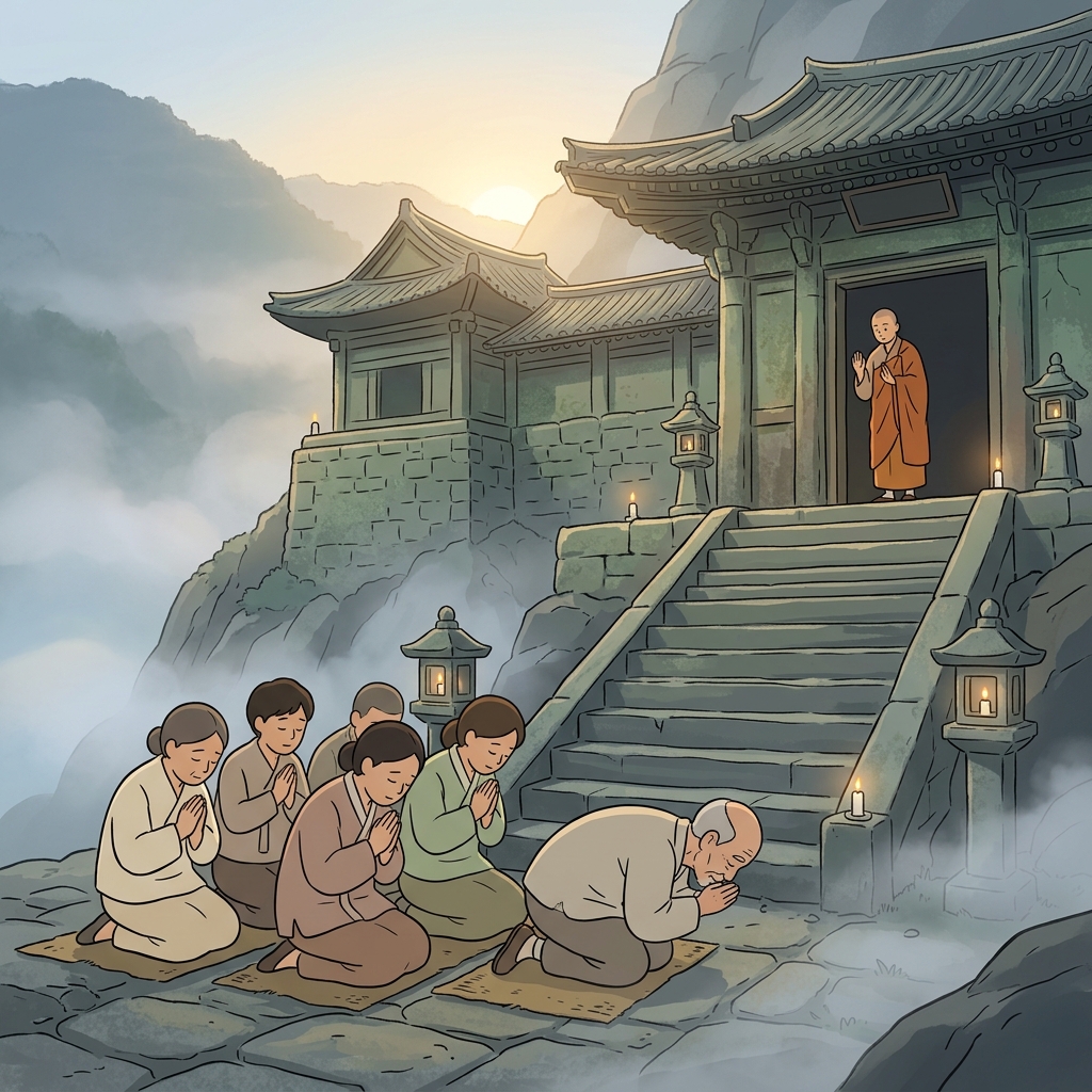 The pilgrims stood reverent before the ancient temple at dawn.