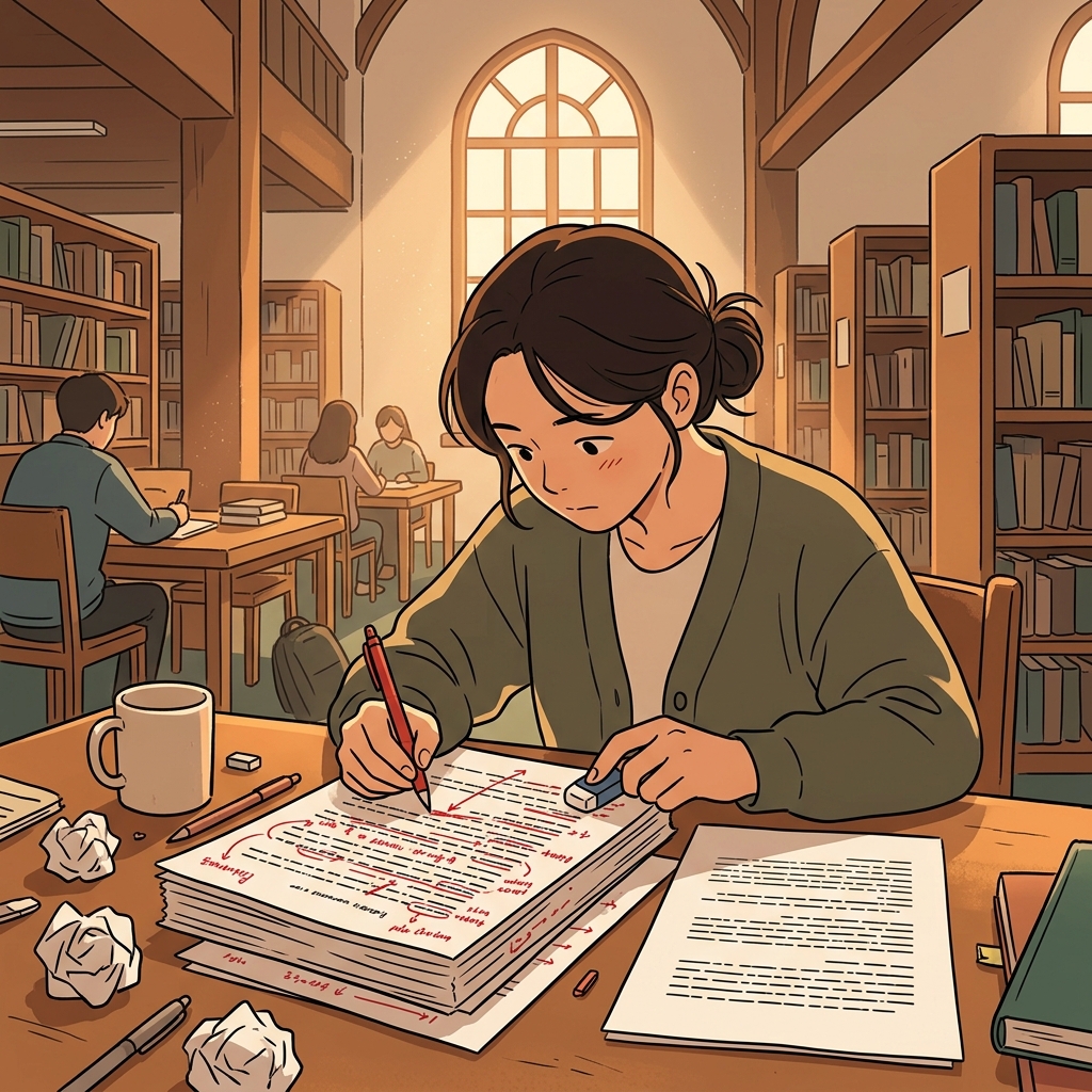 After the professor's feedback, she began a careful revision of her thesis draft.