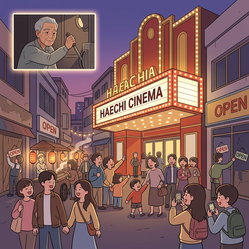 The old theater's revival brought crowds back to the forgotten downtown street.