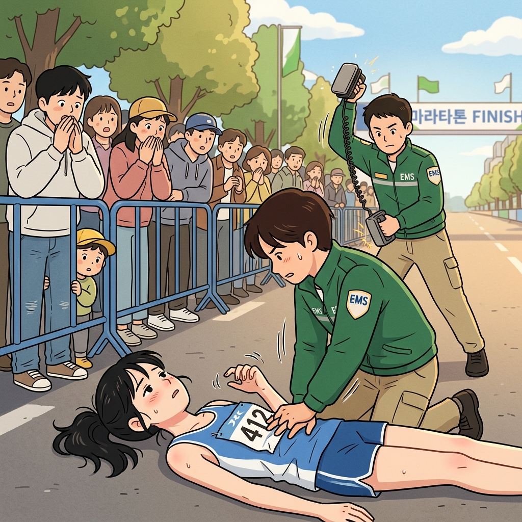 The paramedic works hard to revive the collapsed runner on the marathon track.