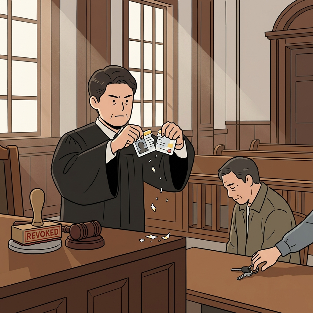 판사가 세 번째 위반을 이유로 그의 운전면허를 취소했다.