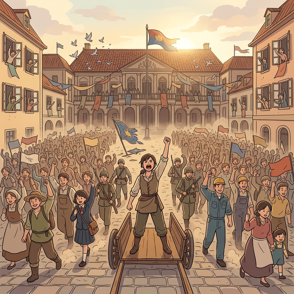 The revolution swept through the square as citizens raised their flags together.