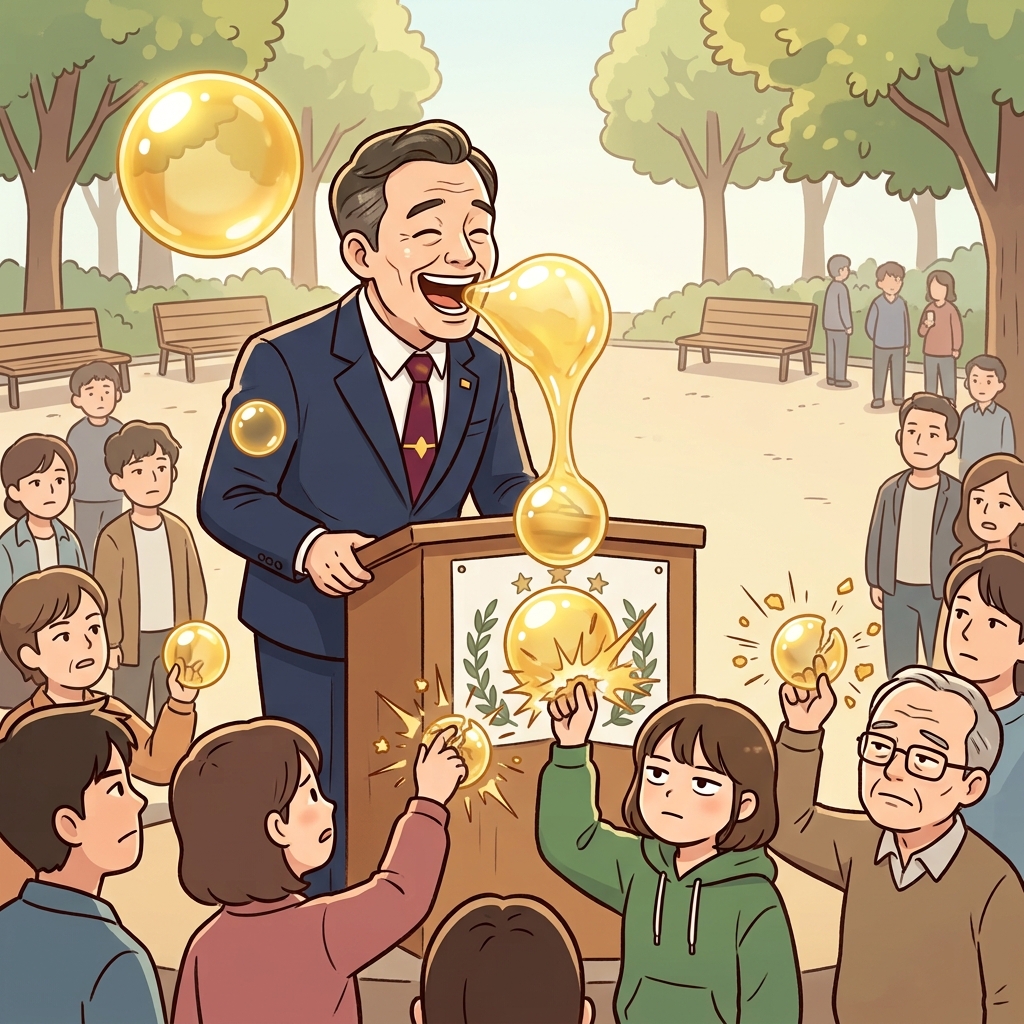 The smooth politician opened his mouth and literally blew shiny, empty golden bubbles of rhetoric over the unimpressed crowd.
