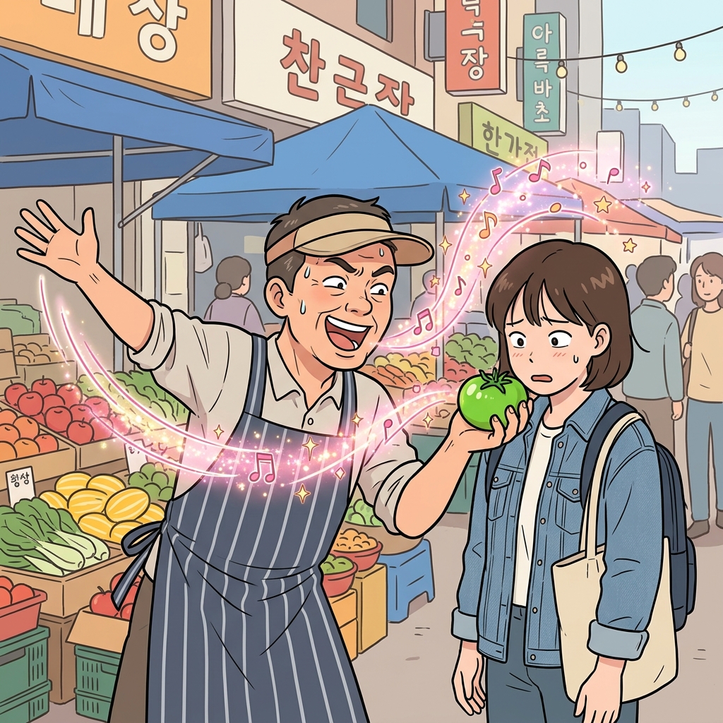 돌처럼 딱딱한 초록색 토마토를 쥐고, 사기꾼 상인은 그것이 완벽하게 익었다고 구매자를 설득하기 위해 크고 화려한 미사여구(과장된 말)를 쏟아냈다. ("자, 보십쇼! 내(rhe) 토(to)마토가 완벽하게 빨갛게 익(ric)었습니다!")