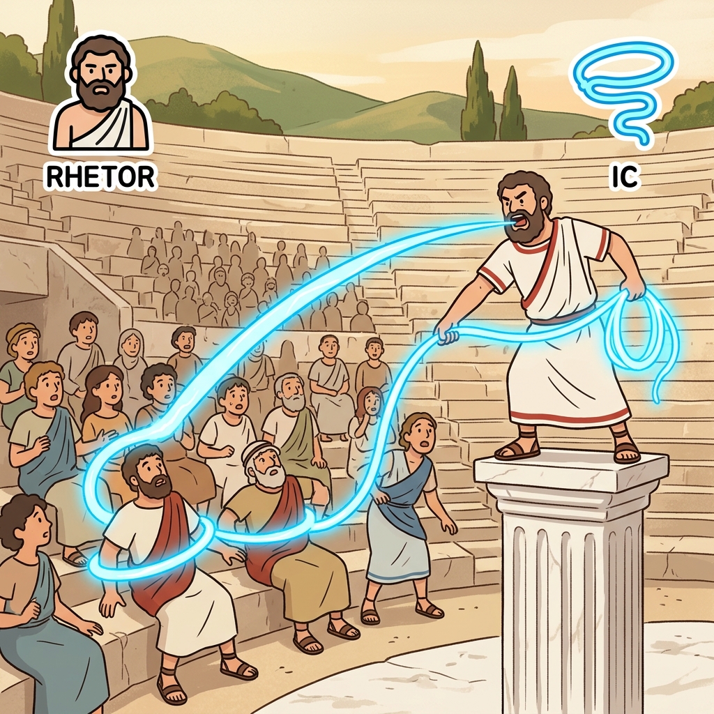 RHETOR(speaker) + IC(skill) — rhetoric is the powerful skill an orator uses to physically pull the crowd with his glowing words.