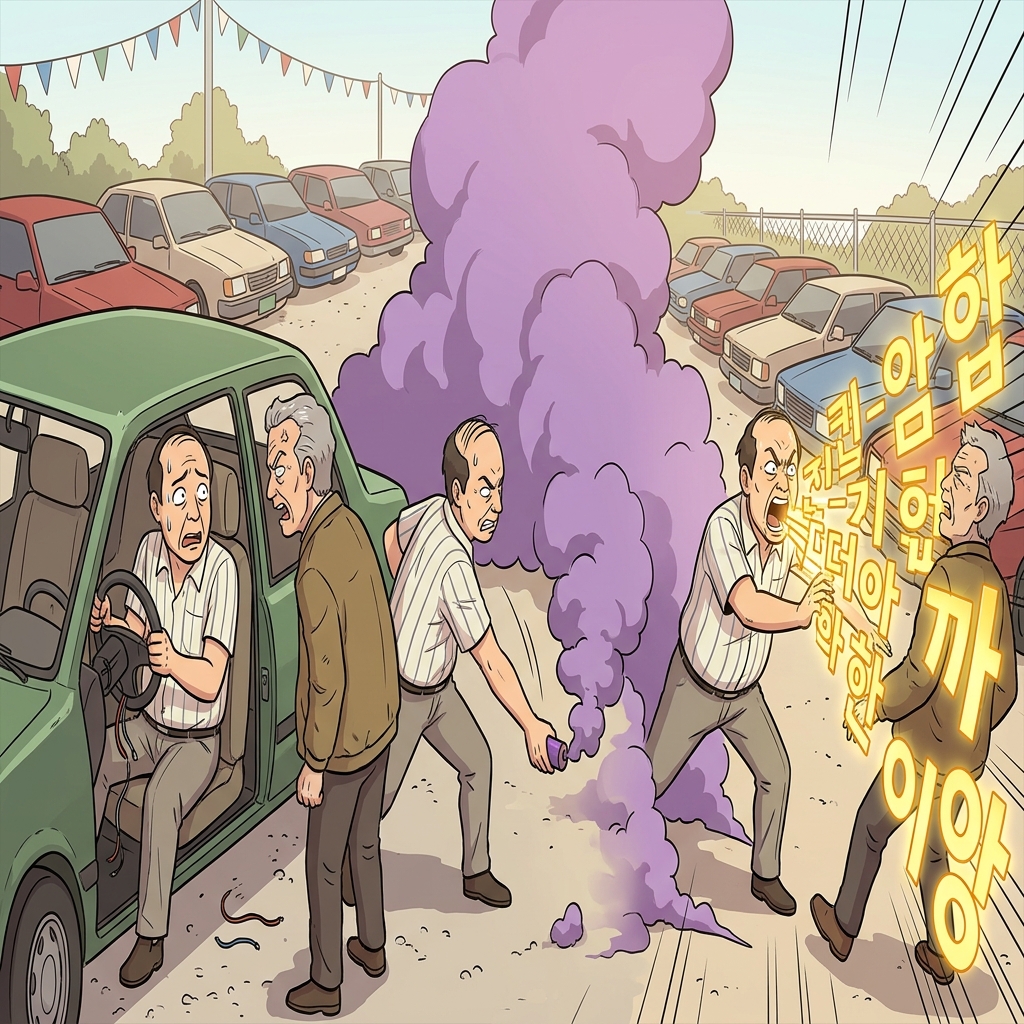 Trying to hide his sudden panic, the terrible salesman used a cheap magic smoke bomb and loud, blinding rhetoric to distract the angry customer.