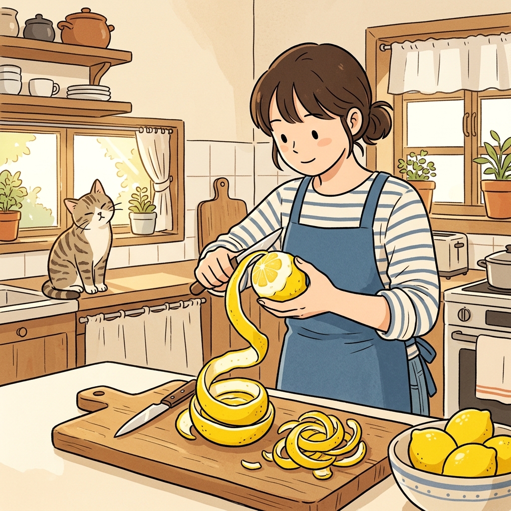 레몬 껍질을 벗기고 나서야 요리를 시작한다.