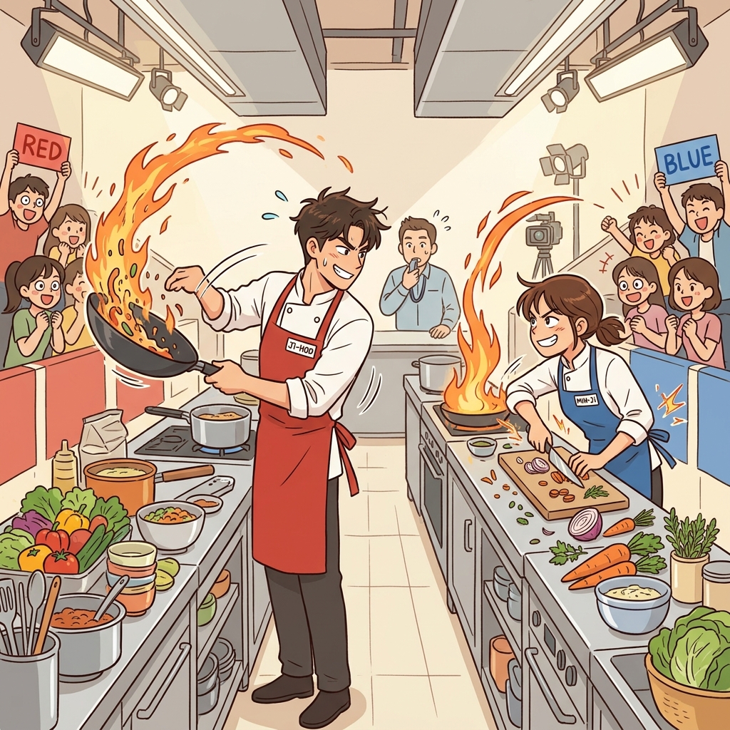Two chefs stare each other down as their rivalry heats up the kitchen contest.