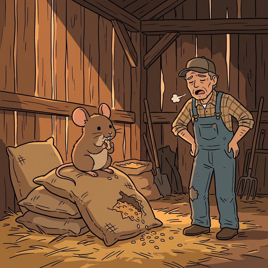 A small rodent nibbles grain in the barn corner while the farmer sighs.