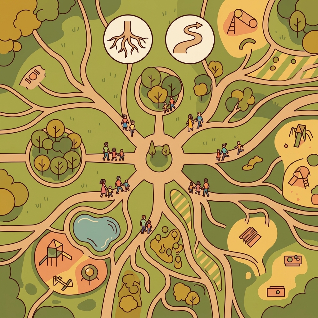 그 경로는 나무 뿌리처럼 공원 곳곳으로 뻗어 있었다.