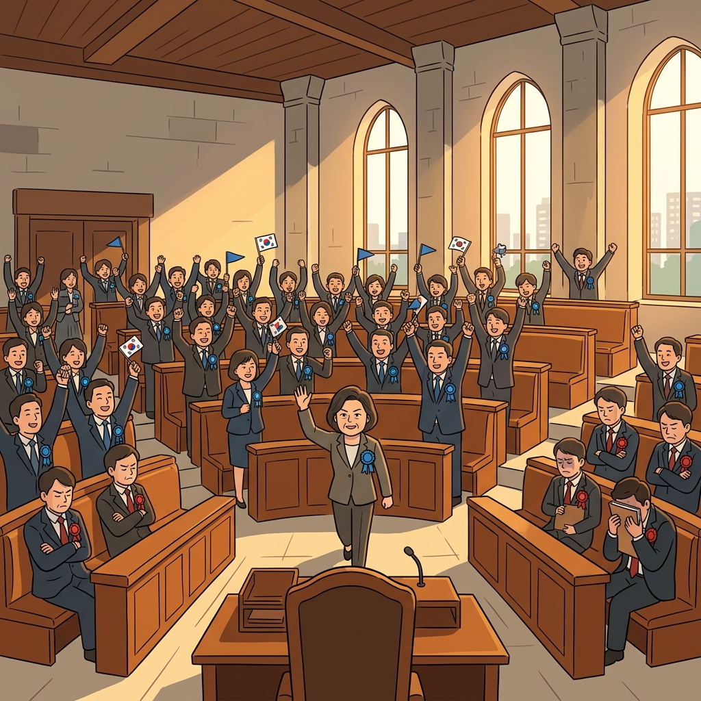 여당 의원들이 총리석에 앉는 당대표를 보며 환호한다.