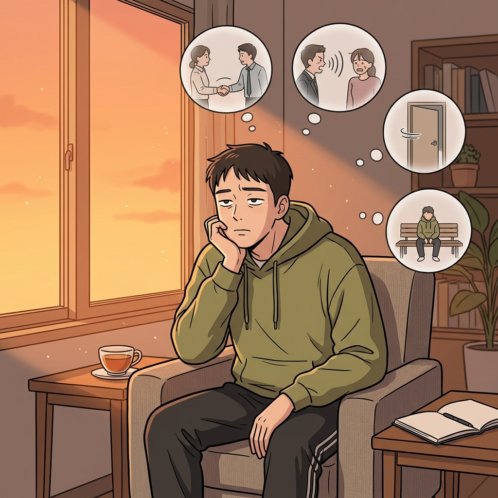 He sits by the window at dusk, letting himself ruminate on the day's regrets.