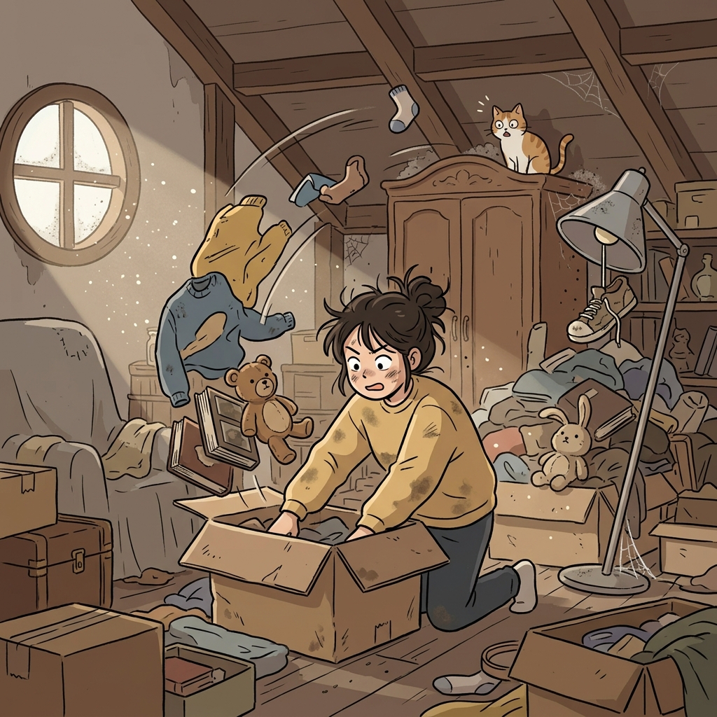 She had to rummage through the messy attic to find her old diary.