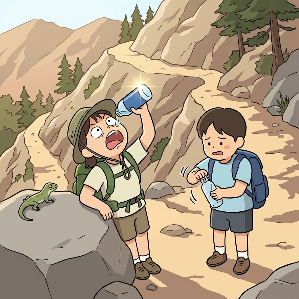 산 중턱에서 물이 다 떨어져 버렸다.