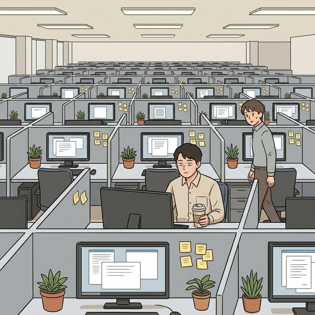 그의 사무실 자리는 다른 자리들이랑 똑같이 평범하다.
