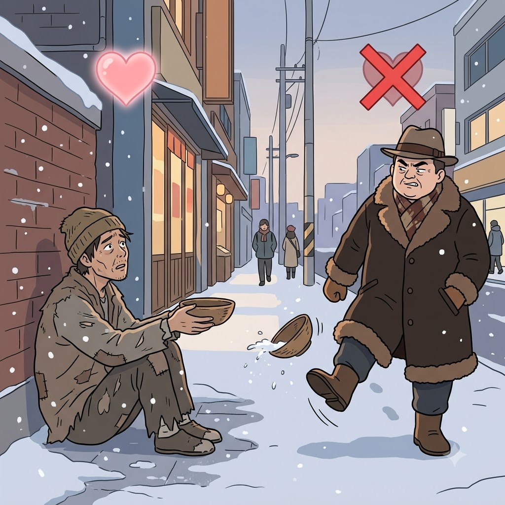 RUTH(동정심) + LESS(없는) — 동정심(RUTH)이 전혀 없이(LESS) 행동하며, 부자는 굶주린 거지에게 무자비한(ruthless) 발길질을 가했다.