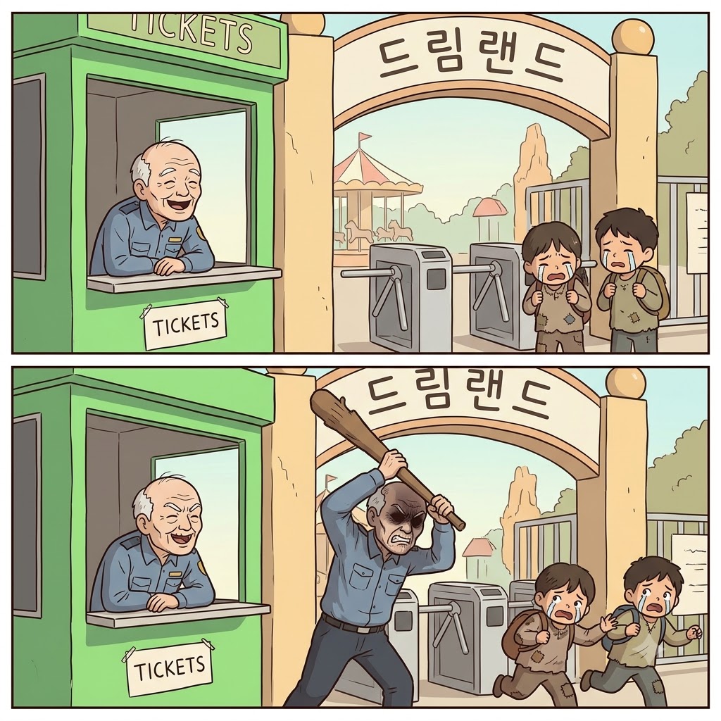매표소(booth)에서 일하던 이빨 빠진(toothless) 경비원은, 가난한 아이들에게 갑자기 무자비한(ruthless) 괴물이 되었다.