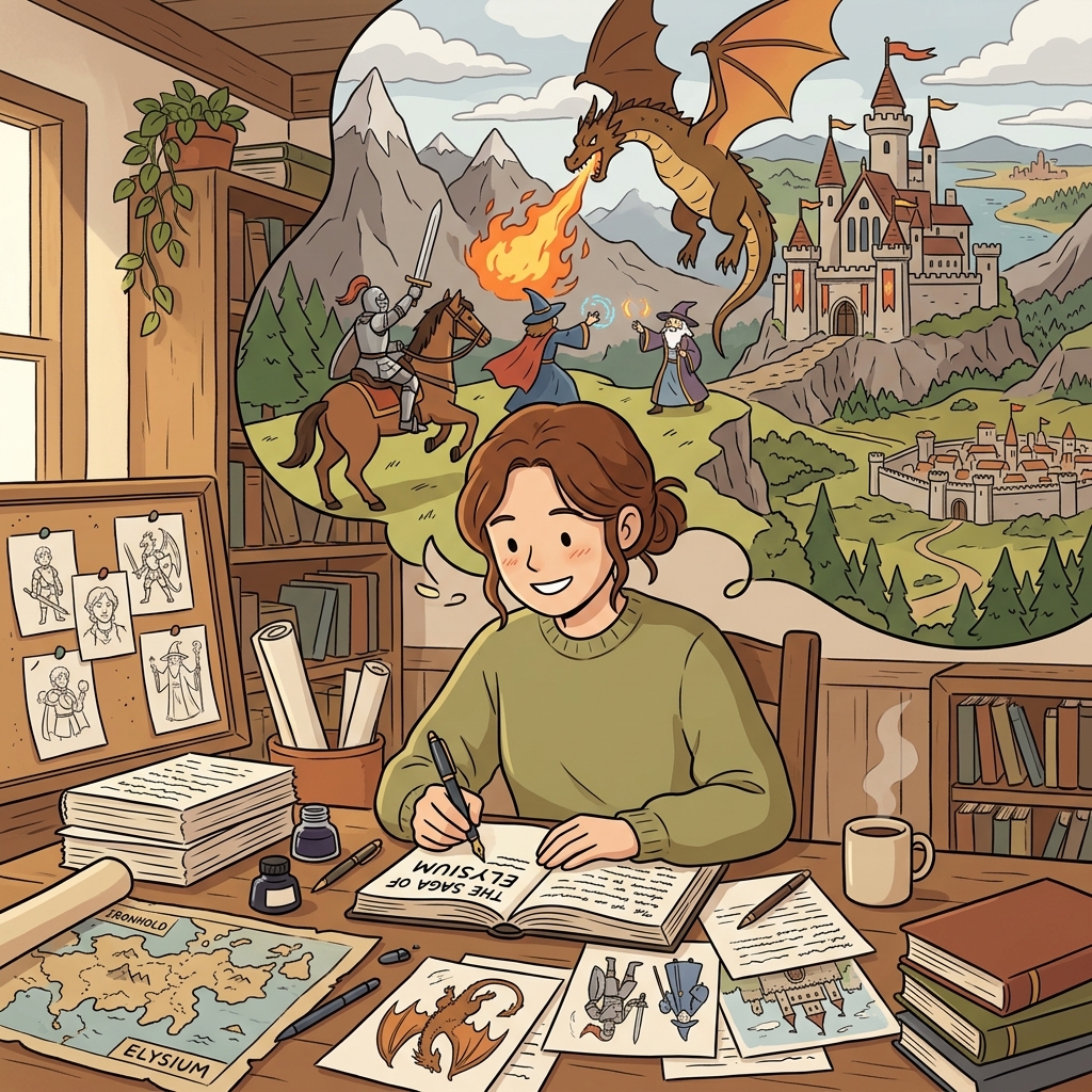 The author spent twenty years writing a fantasy saga filled with unforgettable heroes. (saga → "Say, go on!" → The epic story keeps going and going.)