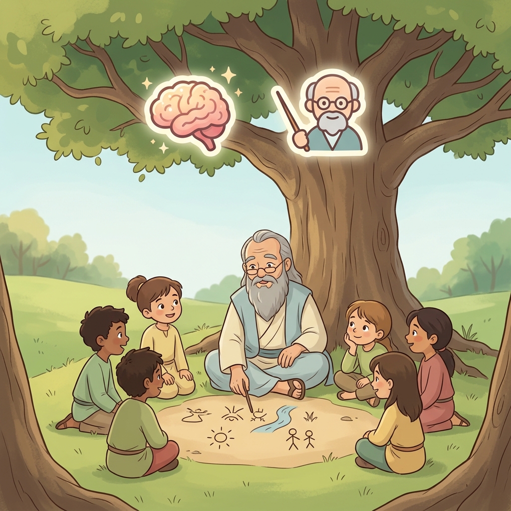The sage taught his students with patience and wisdom. (🧠 Wise + 👴 Teacher → Sage)