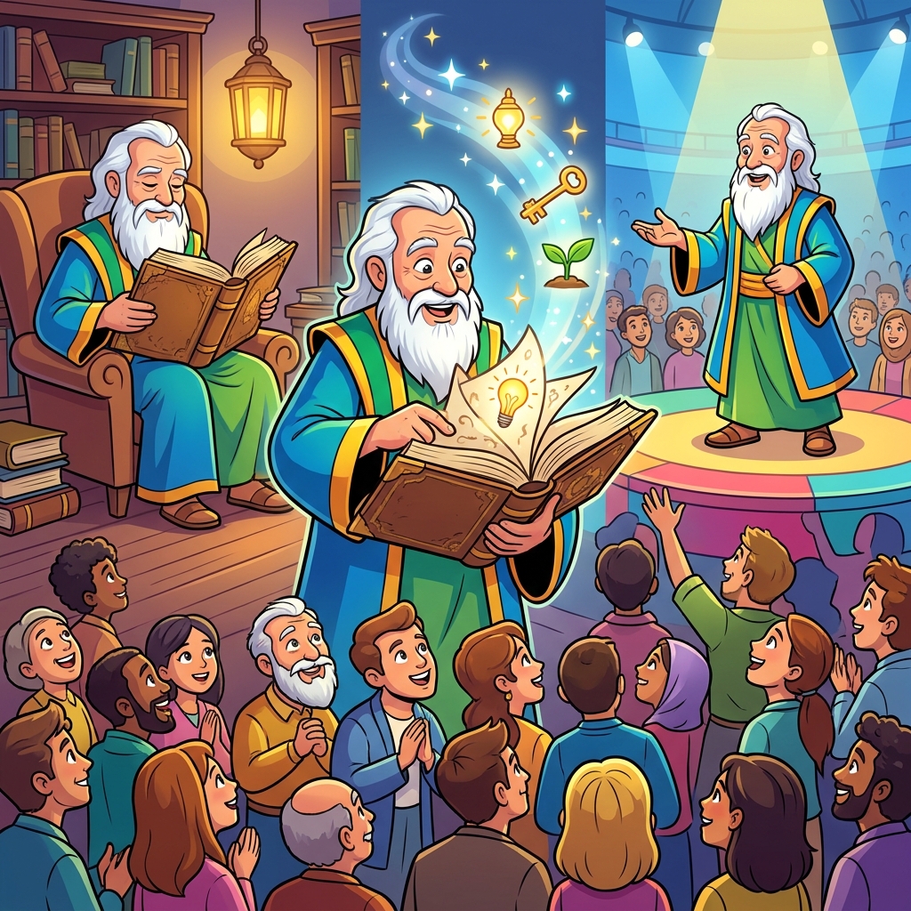 The sage turned a page before walking onto the stage to share his wisdom.
