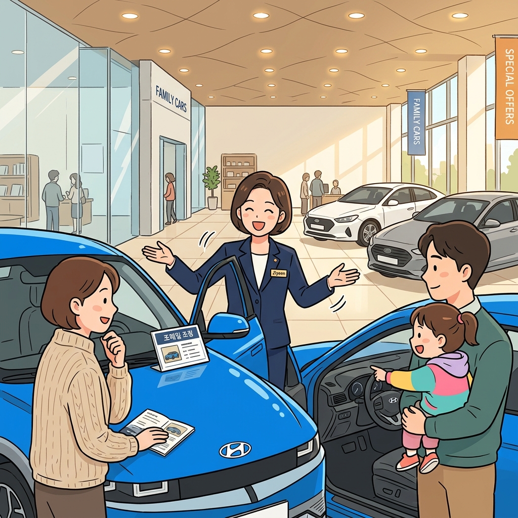 The sales representative smiled warmly while showing the family a new car.
