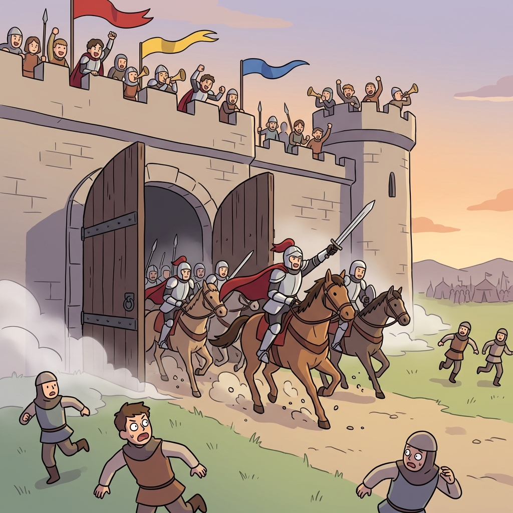 The knights sally out from the fortress gates to charge the enemy camp.