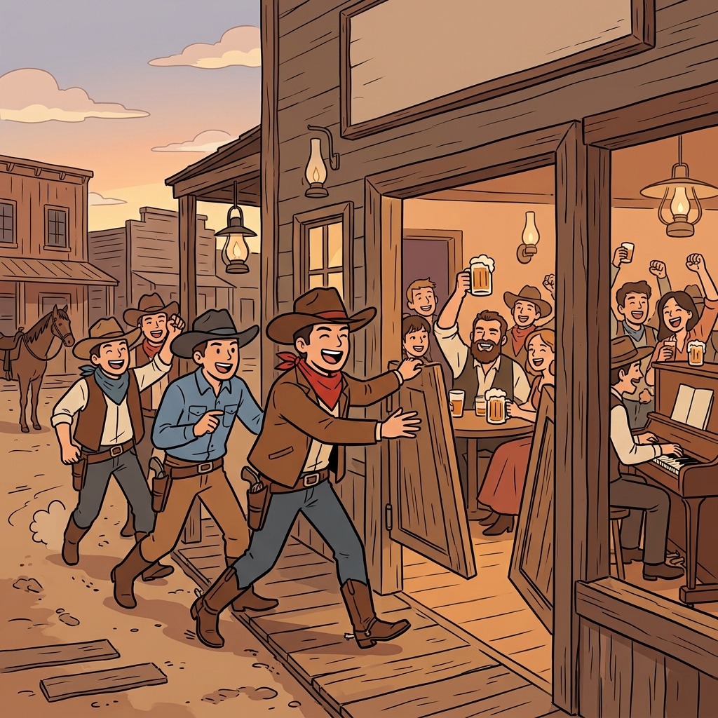 카우보이는 "술 온!"이라고 웃으며 모두와 함께 술집(saloon)으로 들어가 시원한 음료를 마셨다. ("술 온!" → 술이 있는 곳으로 들어간다.)