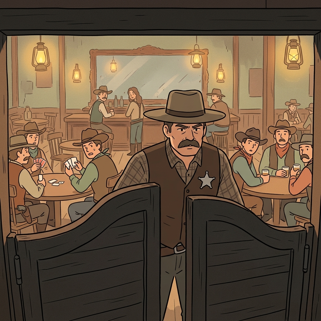 보안관이 술집(saloon)에 들어서자 떠들썩하던 분위기가 갑자기 조용해졌다.