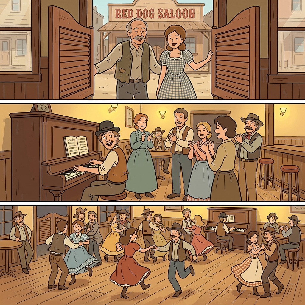 음악이 울려 퍼지는 술집(saloon)으로 사람들이 살롱 문(saloon doors)을 열고 들어와 무도장(saloon floor)을 가득 채웠다.