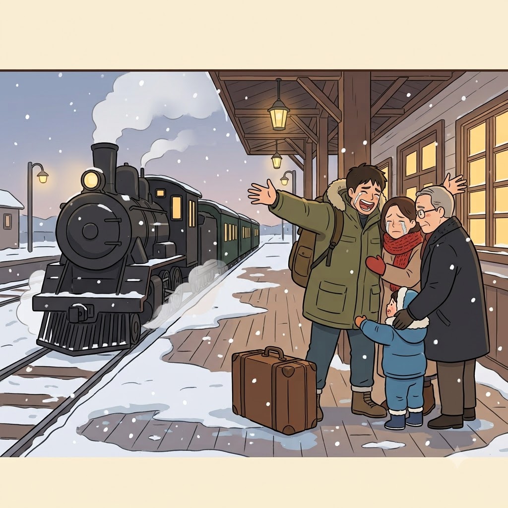 Stepping off the train at the snowy station, he finally gave his family a warm salutation.