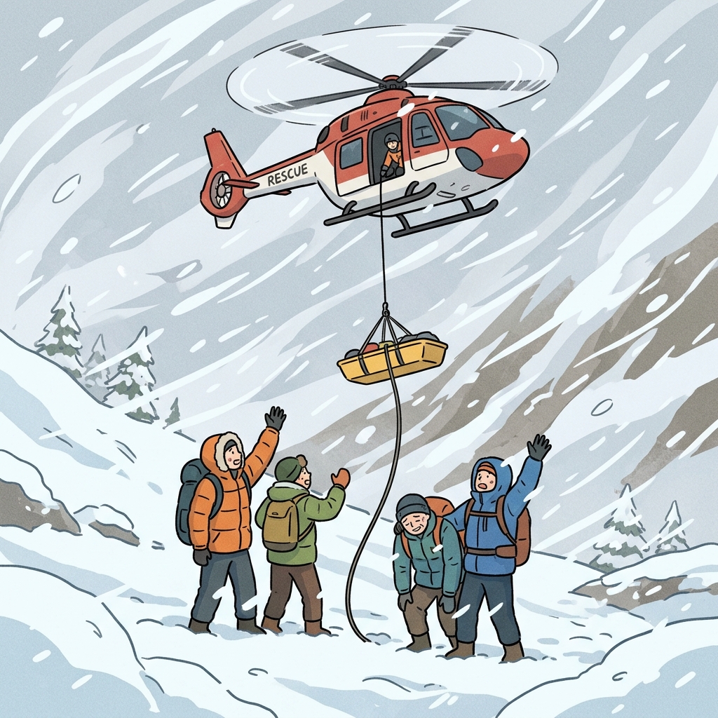 The rescue helicopter became the hikers' only salvation during the blizzard.