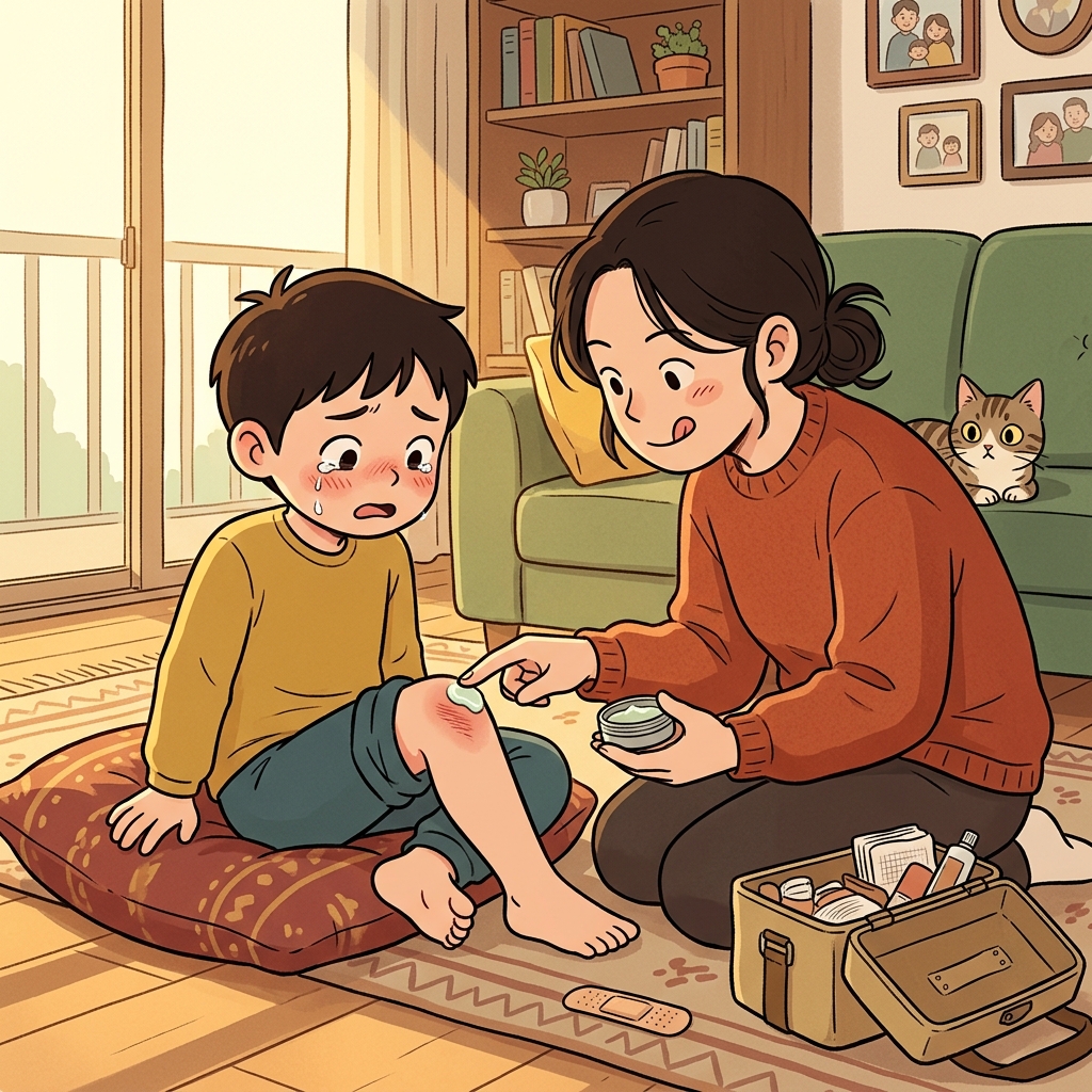 She gently applies salve to the child's scraped knee.