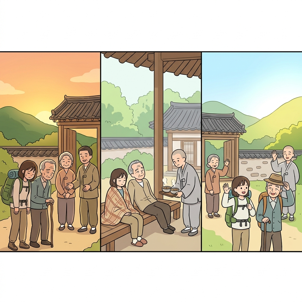 여행자들은 수도원에서 안전한 안식처를 찾았고, 그곳에서 회복을 시작했다.