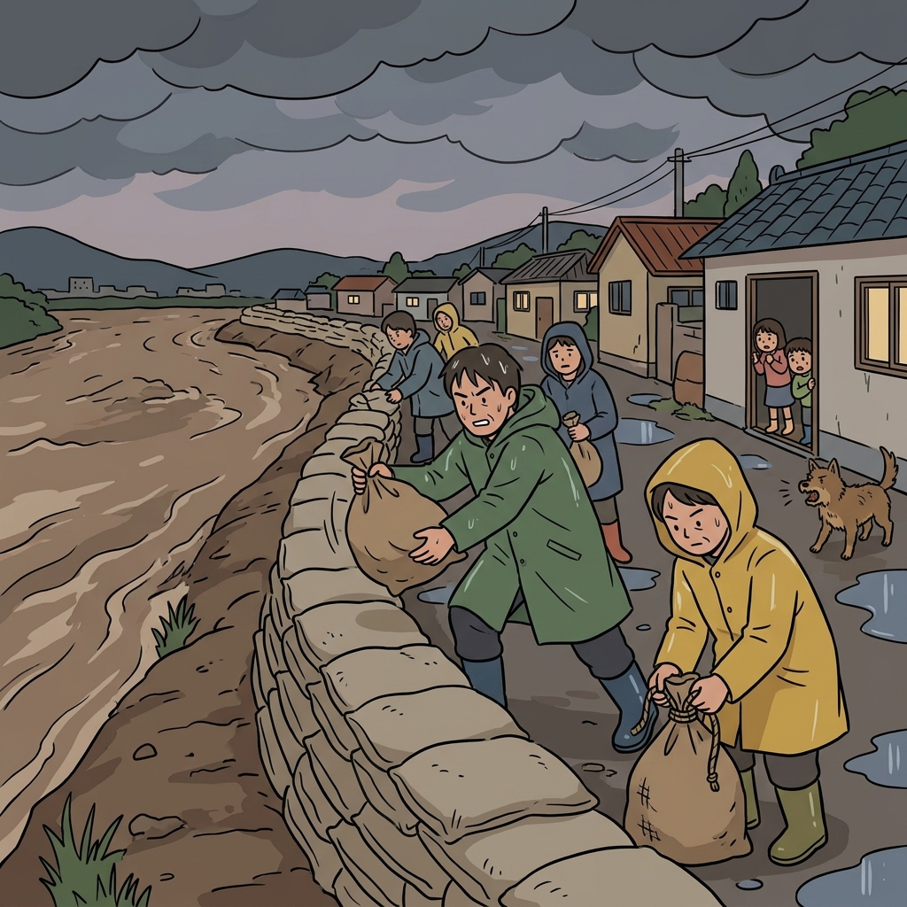 홍수가 밀려오자 사람들이 강가에 모래주머니를 쌓아 올렸다.