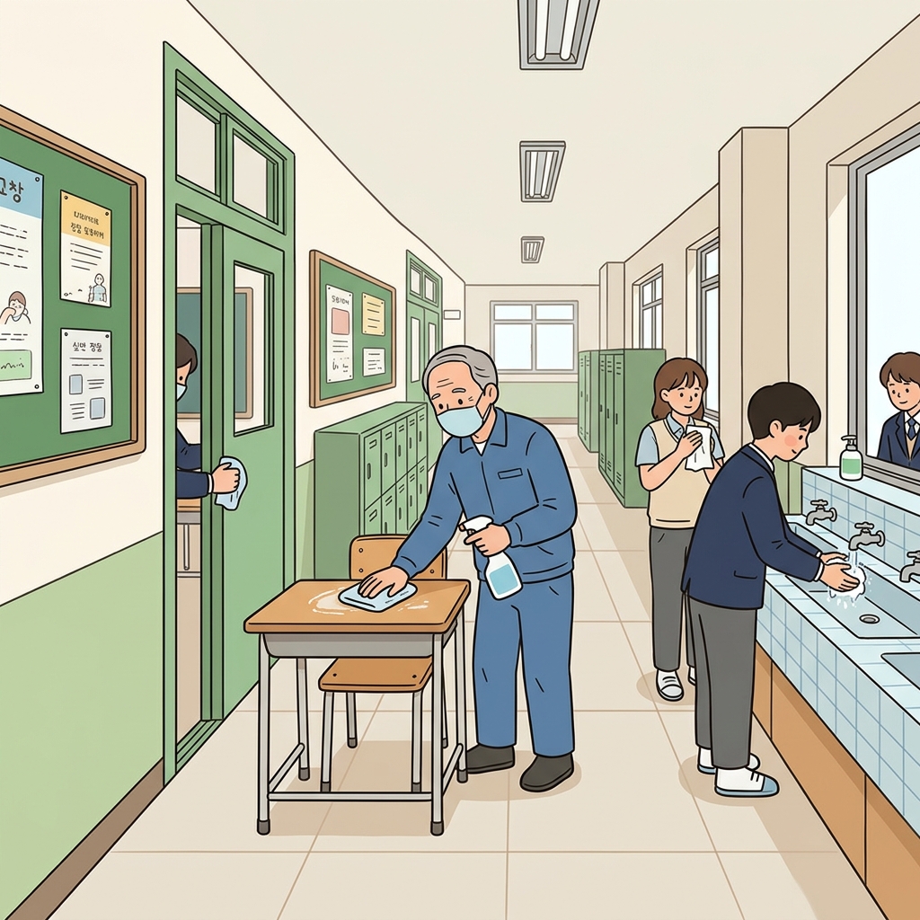 좋은 위생 관리 덕분에 학교는 독감 유행 기간에도 건강한 환경을 유지했다. ("새니! 세척!" → 깨끗하게 세척하고 위생을 지킨다)
