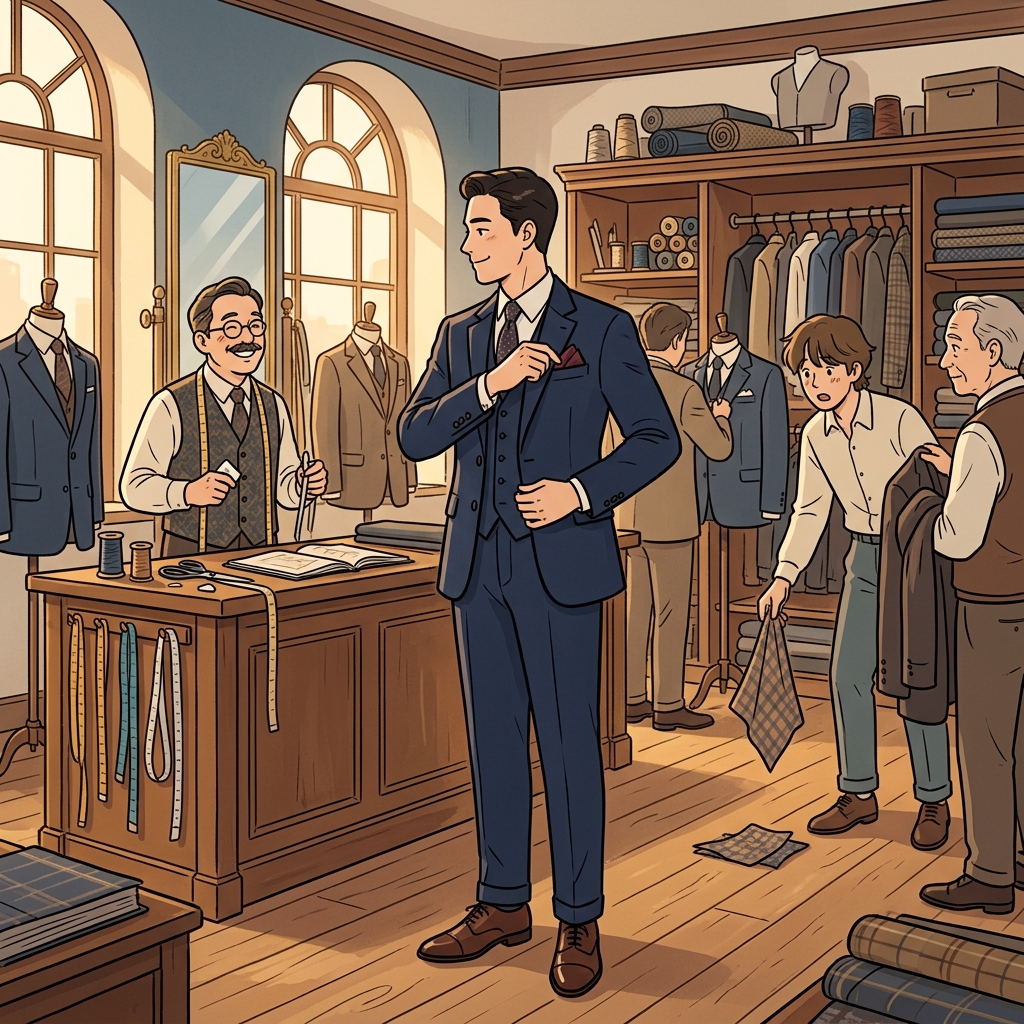 His sartorial elegance turned every head at the vintage tailor's showroom.