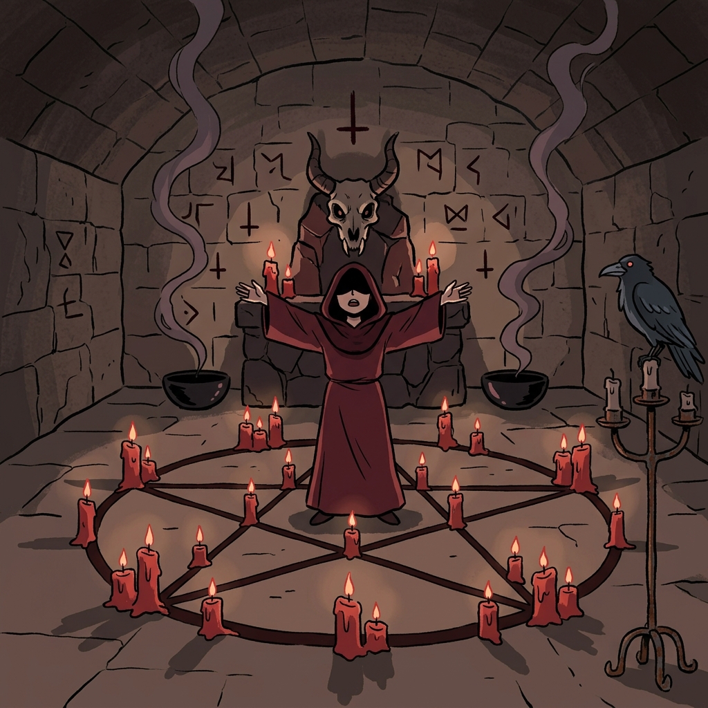 The satanic ritual chamber glowed red with dark symbols carved into the stone floor.