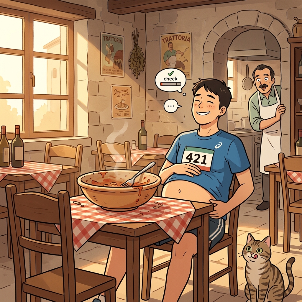 After the marathon, a huge bowl of pasta was enough to sate his hunger.