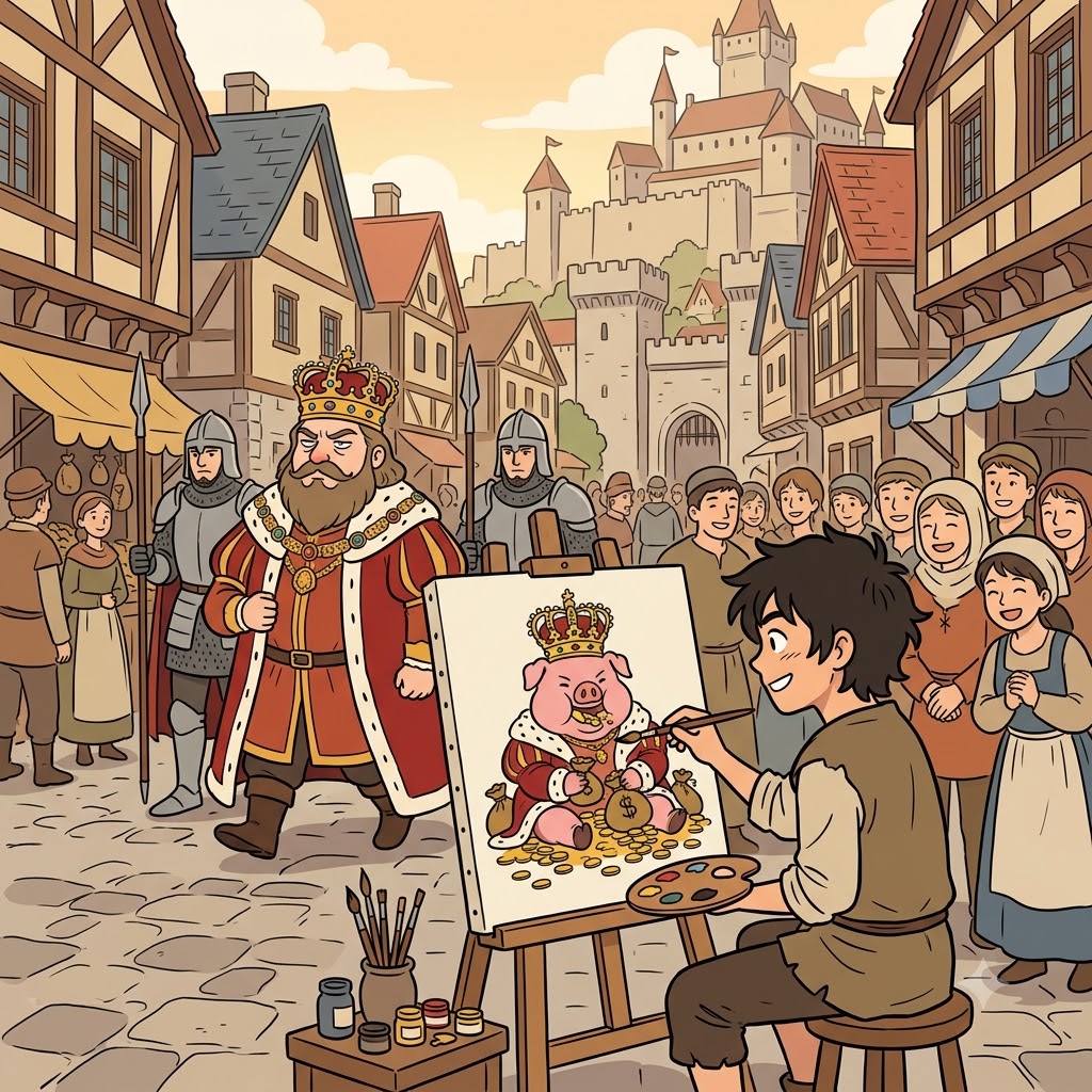 While the real king walked proudly, the street artist painted him as a greedy pig, creating a sharp satire.