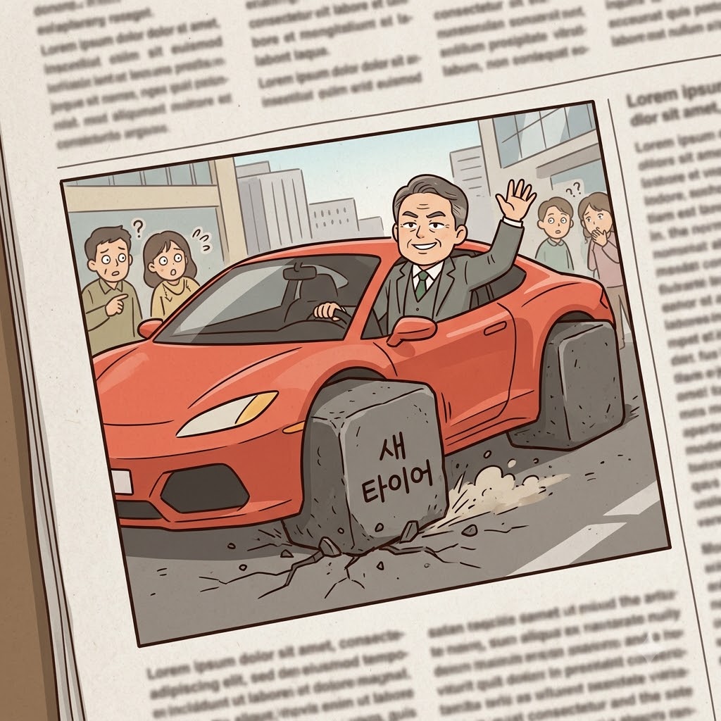 "스포츠카에 네모난 새 타이어(satire)라니!" 거짓 혁신을 꼬집는 그 만화는 완벽한 풍자(satire)였다.