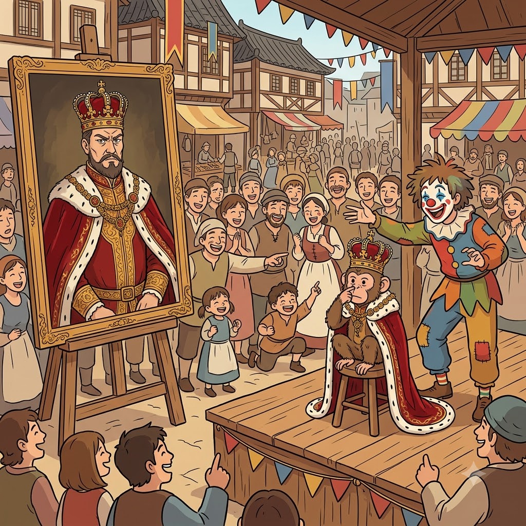 By dressing a silly monkey in royal attire, the clown created a brilliant satire.
