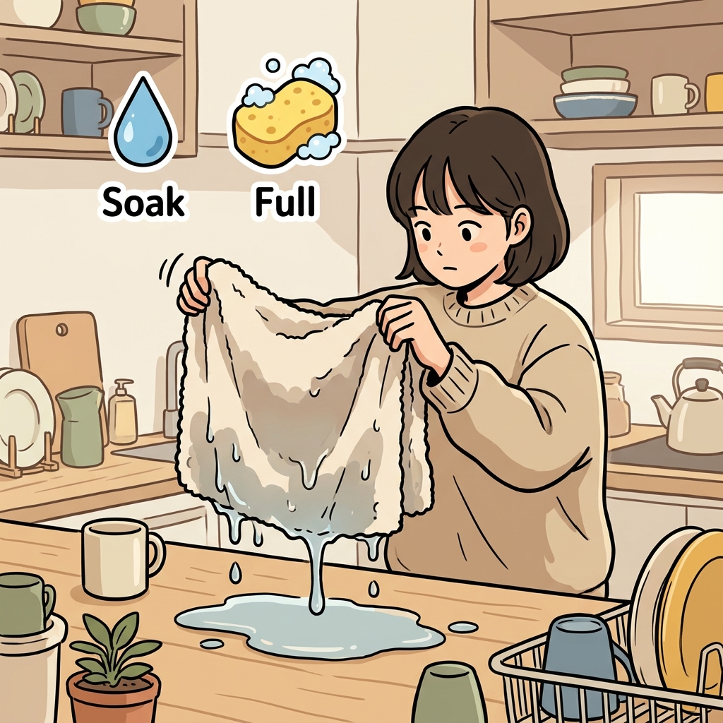 수건은 쏟아진 물을 흡수해 흠뻑 젖어 있었다.