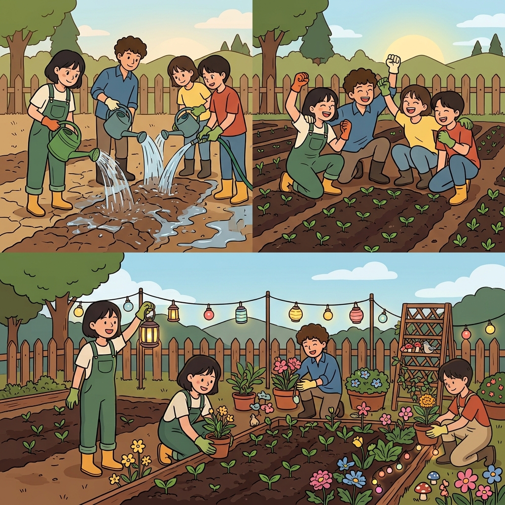 흙이 포화 상태가 되자 정원사들은 성공을 축하하며 정원을 아름답게 꾸몄다.