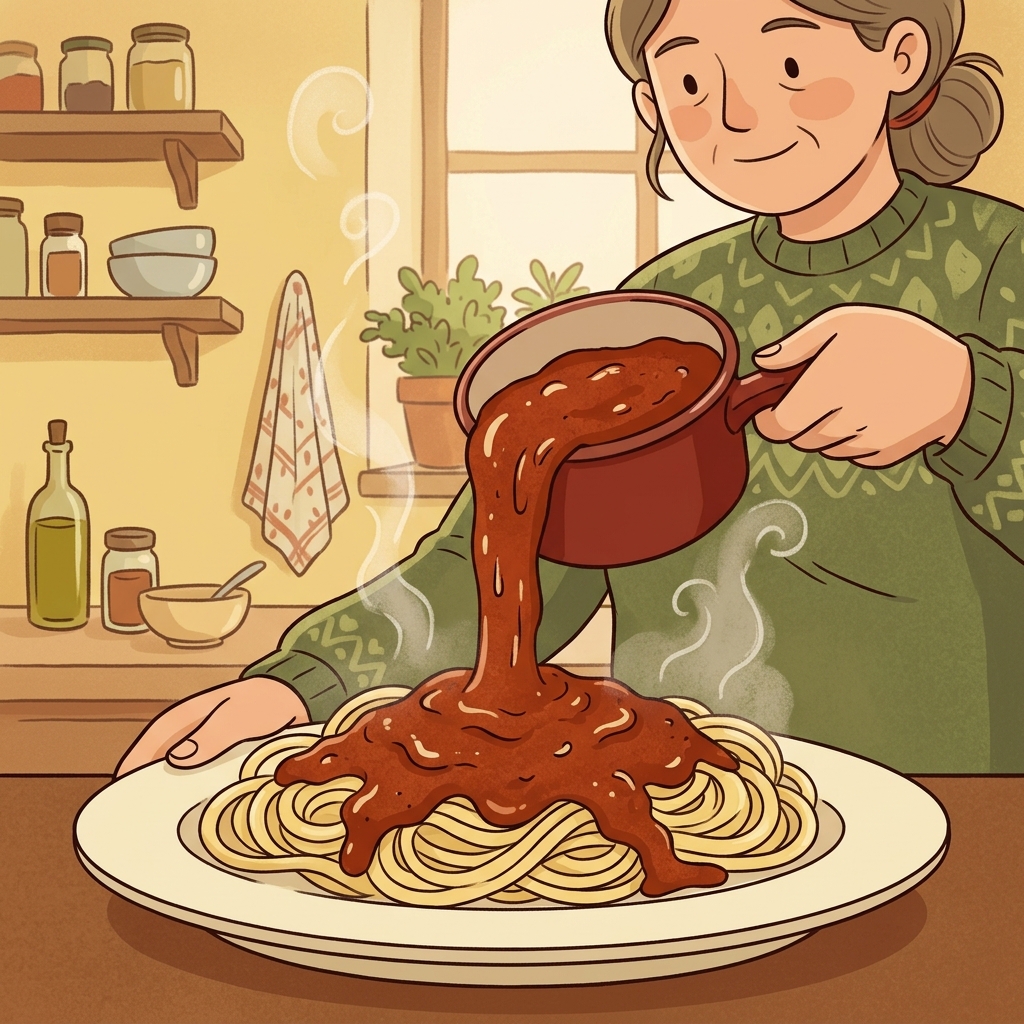그녀는 파스타 위에 토마토소스를 부었다.