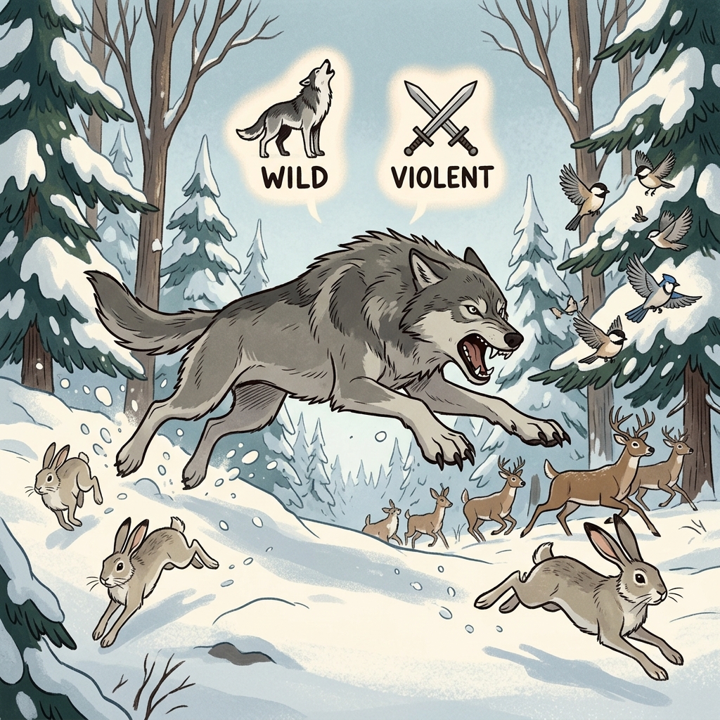 The savage wolf scared every animal with its wild attack.