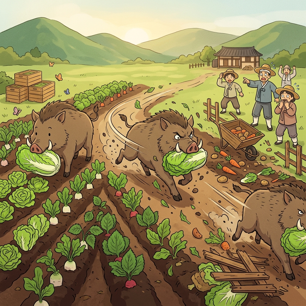 After grabbing a cabbage, the savage boar ravaged the farmer's vegetable field.