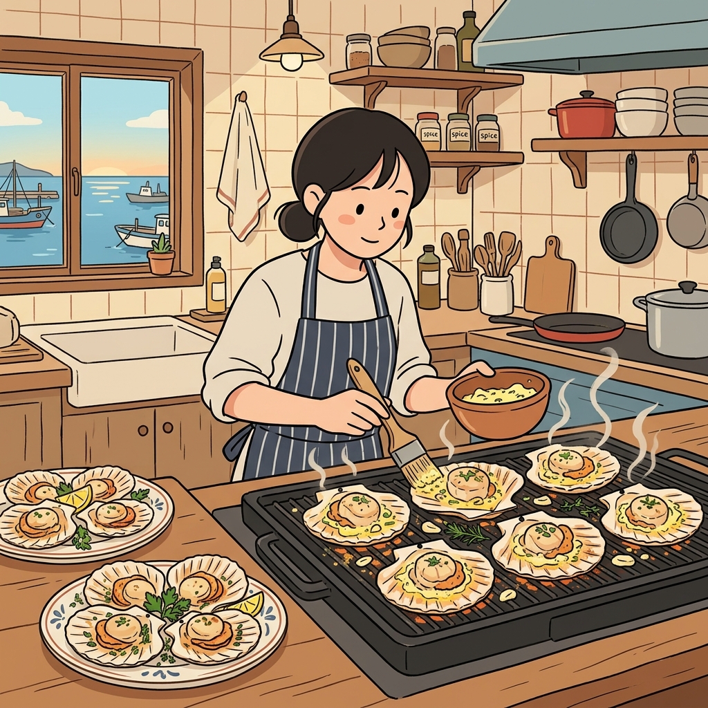 셰프는 신선한 가리비(scallop)를 버터와 허브로 맛있게 구웠다.